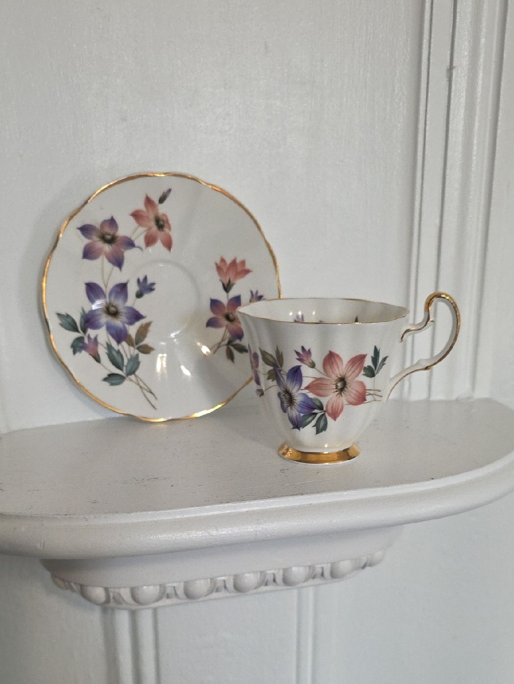 Royal Adderley Fine Bone China teacup & saucer set, featuring a delicate floral